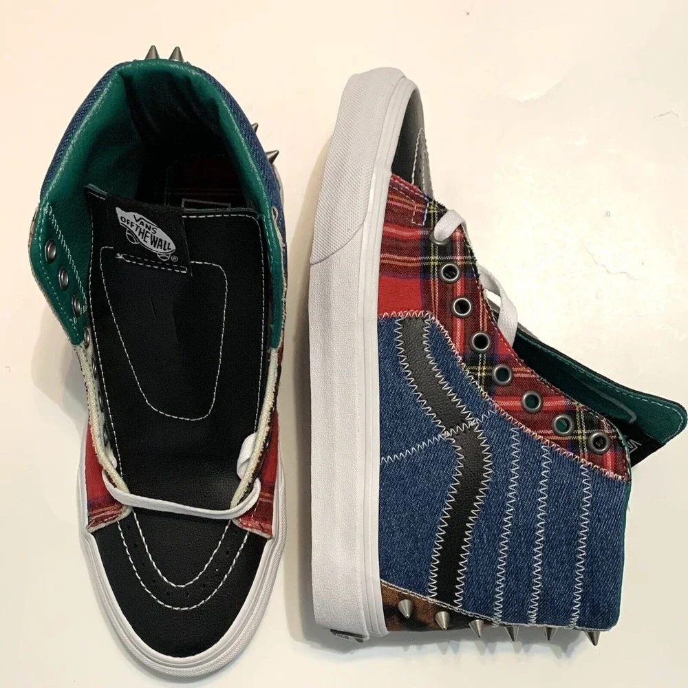 Vans Sk8-Hi Tartan Daze Leather/Plaid/Denim/Acidwash Studded Women’s Size 8 Shoe - Picture 1 of 9